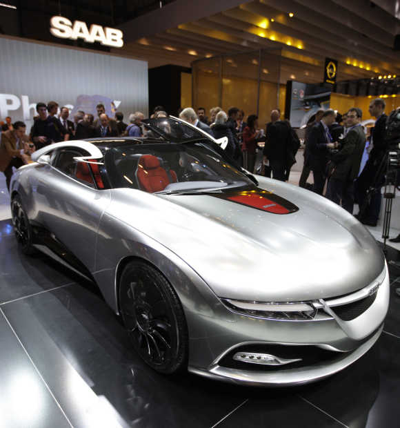The Saab Phoenix concept car is displayed at Geneva Car Show.