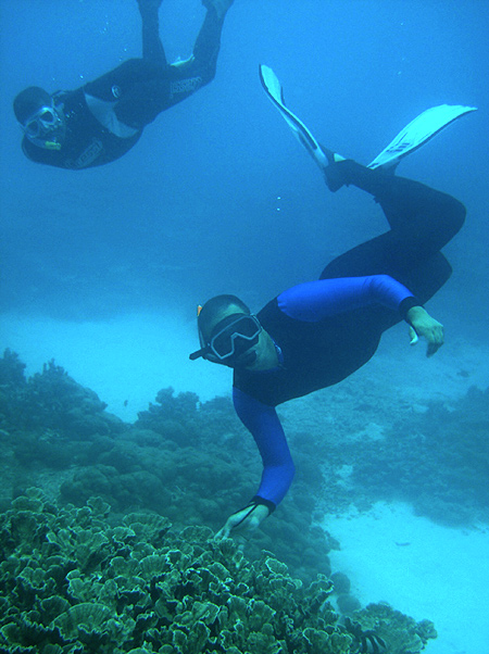 Vassen Kauppaymuthoo, an oceanographer, inspects the coral at Blue Bay Marine Reserve, south of Mauritius.