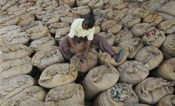 A worker ties sacks containing paddy crop at a marketplace on the outskirts of Ahmedabad.