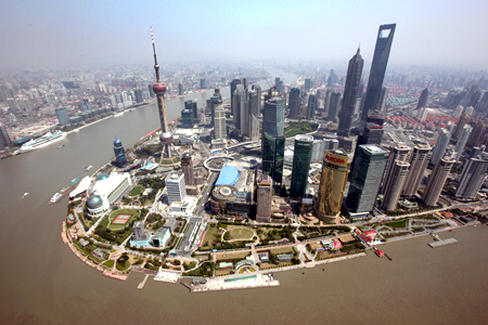 Shanghai's new financial district skyline along the Huang Pu river