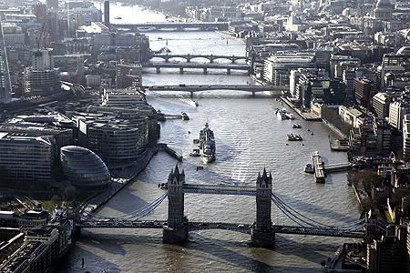 An aerial view shows Tower Bridge in London