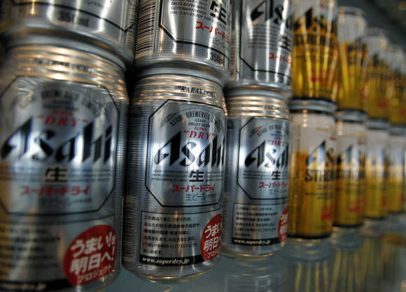 Cans of Asahi Breweries' 'Super Dry' beer are displayed at the company headquarters in Tokyo.