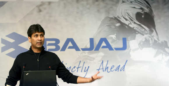 Managing Director of Bajaj Auto Rajiv speaks during a news conference in New Delhi.