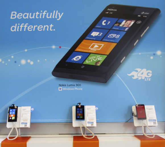 Nokia Lumia 900 cell phones are shown for sale in Carlsbad, US.