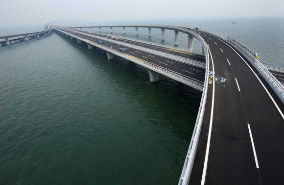 General view shows Qingdao Jiaozhou Bay Bridge in Qingdao.
