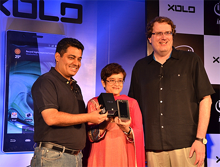 Vishal Sehgal, co-founder and director, Lava International, Debjani Ghosh, managing director, Intel South Asia, and Michael A Bell at the launch.