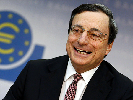 Central Bank (ECB) President Mario Draghi attends the monthly news conference in Frankfurt.