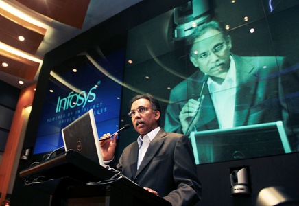 Shibulal, chief executive of Infosys, speaks during the announcement of the company's quarterly financial results in Bengaluru.