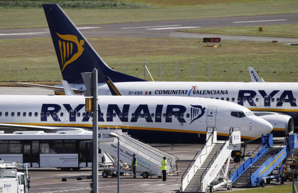Ryanair aircraft at Edinburgh Airport in Scotland.