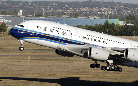 Airbus A380 of China Southern Airlines takes off from Toulouse-Blagnac Airport, near Toulouse, France.