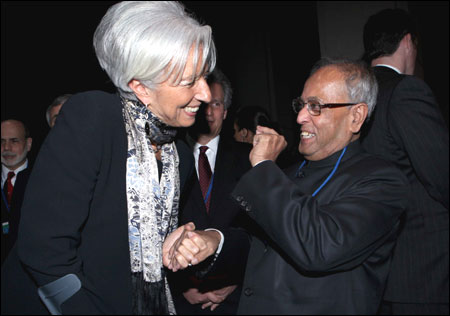 Pranab Mukherjee and Christine Lagarde (left) Managing Director, International Monetary Fund enjoy a lighter moment.