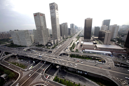 A view of the Guomao Bridge (bottom) in Beijing's Central Business District.