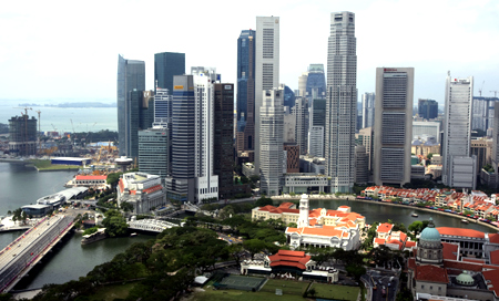 A general view shows the skyline of Singapore's Financial District.