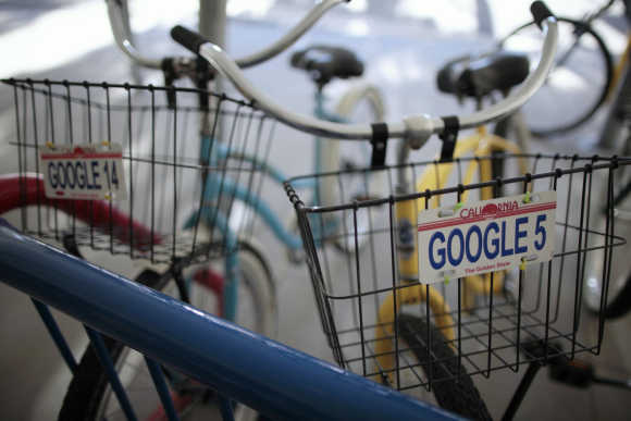 Bicycles for use by employees are lined up at the Google campus near Venice Beach in Los Angeles.