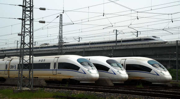 High-speed trains at Shanghai Hongqiao depot.