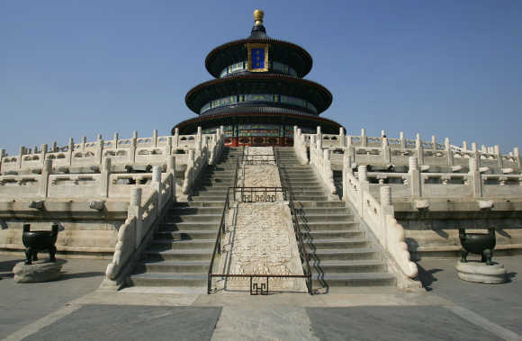 The Hall of Prayer for Good Harvests stands at the Temple of Heaven in Beijing, China.