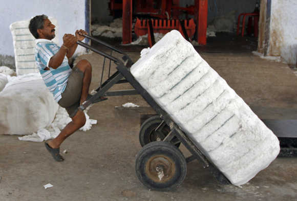 A labourer pulls down a handcart after loading a bundle of processed cotton at a processing unit.