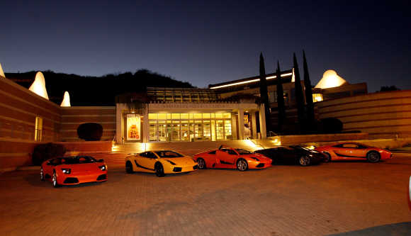 Lamborghinis are parked at the Skirball Centre in Los Angeles, California.