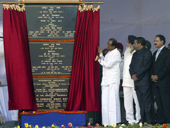 Home Minister Palaniappan Chidambaram unveils a plaque during the inauguration of the Integrated Checkpost at the Attari border near Amritsar.