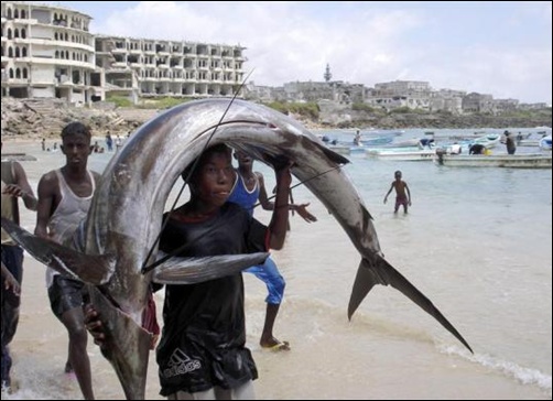 A Somalia young man carries a fish on his head near the shores of Indian ocean in Mogadishu.