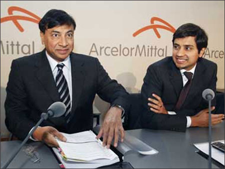 A file photo of Lakshmi Mittal with son Aditya.