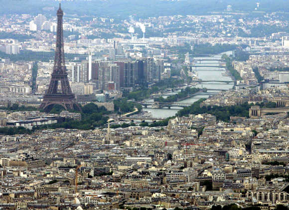 An aerial view shows the Eiffel tower in Paris.