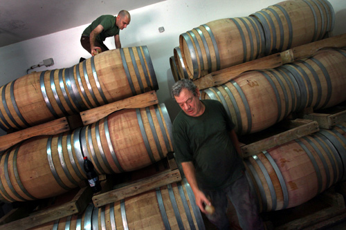 Wine is aged in barrels