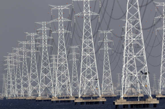Transmission towers carrying solar and thermoelectric power from the Korea South East Power Company plant in Ansan.