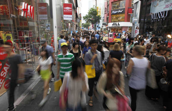 A view of Myeongdong shopping district in central Seoul.