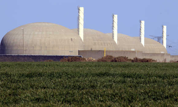 The Paluel nuclear plant is seen across fields in Paluel, northern France.