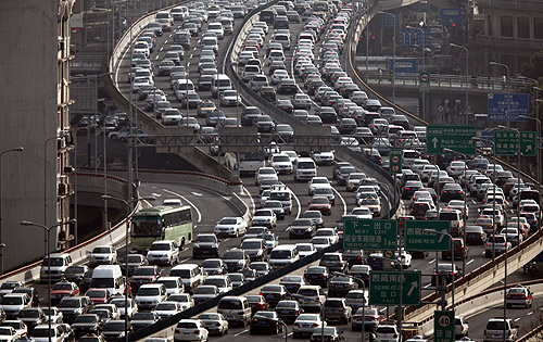A general view of heavy traffic on a highway during the morning rush hours in Shanghai.