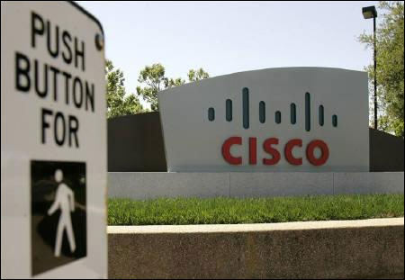 A sign shows the headquarters of Cisco Systems Inc. in San Jose, California.