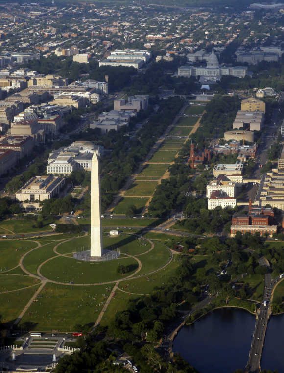 Downtown Washington is seen in an aerial view.