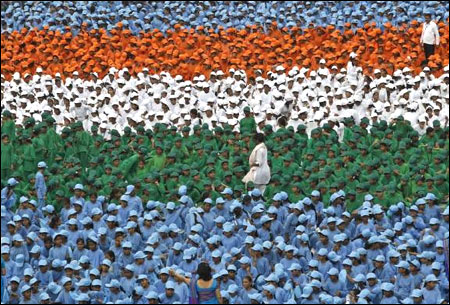 Schoolchildren take part in the Independence Day celebrations in front of the historic Red Fort.