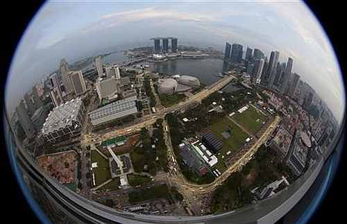 An aerial view of Marina Bay and central business district skyline in Singapore