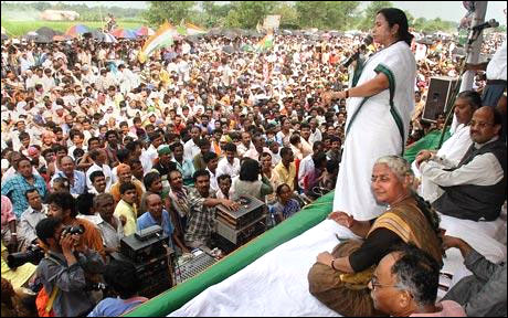 Mamata Banerjee addresses a crowd at Singur.
