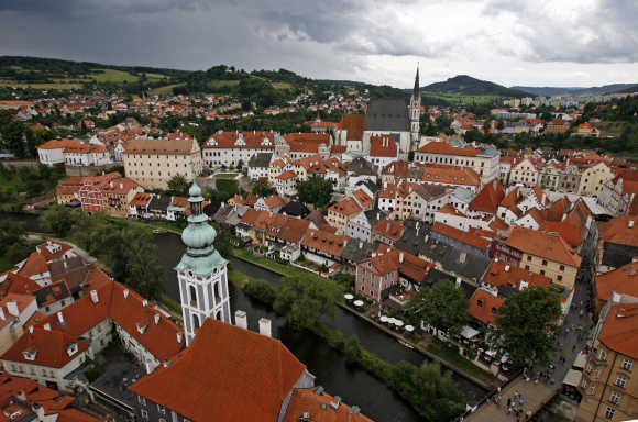 A view from the Castle tower shows the Unesco protected medieval city of Cesky Krumlov in Czech Republic.