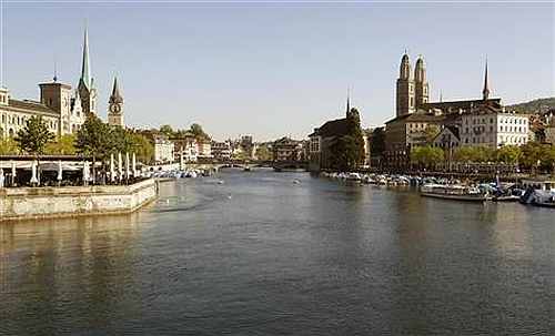 A general view shows the city of Zurich and the Limmat River