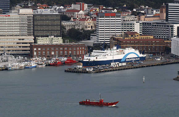 The Bluebridge Cook Strait Ferry is docked at Wellington Harbour, New Zealand.