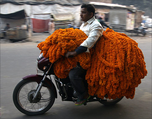 A vendor transports garlands of marigold flowers on his motorcycle to sell at a market in Allahabad.