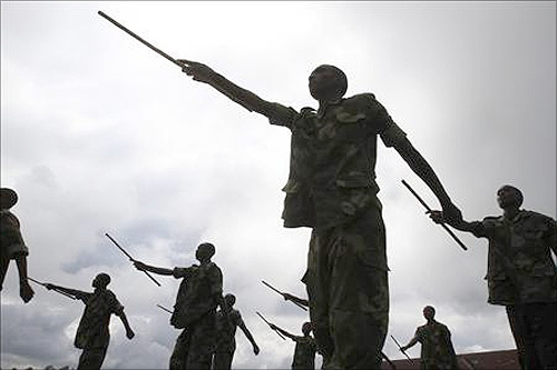 Recruits of the Congolese Revolutionary Army march during military training in Rumangabo military camp, Democratic Republic of Congo.