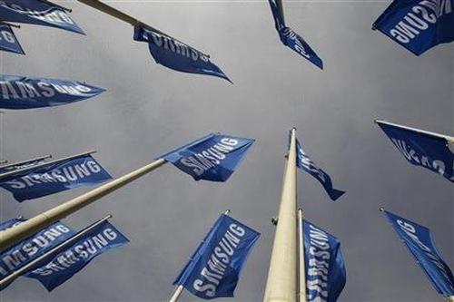Samsung flags are set up at the main entrance to the IFA consumer electronics fair in Berlin