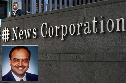 Inset of Bedi Ajay Singh against News Corporation building in New York