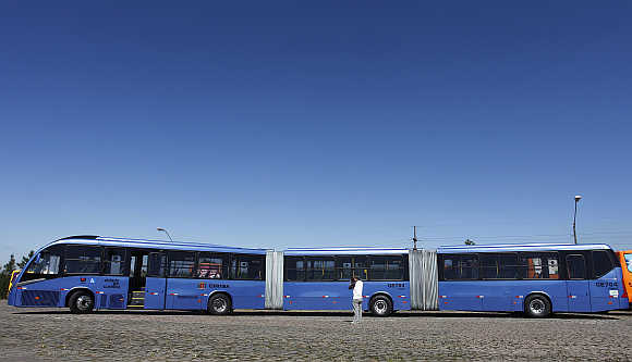 World's longest articulated bus, which has been manufactured by Volvo, in Brazil.