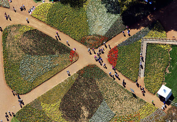 Tourists walk on pathways through the Floriade flower festival in Canberra.