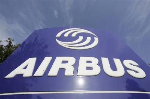 The Airbus company logo is pictured at the main entrance of the Airbus facility in the northern German city of Stade