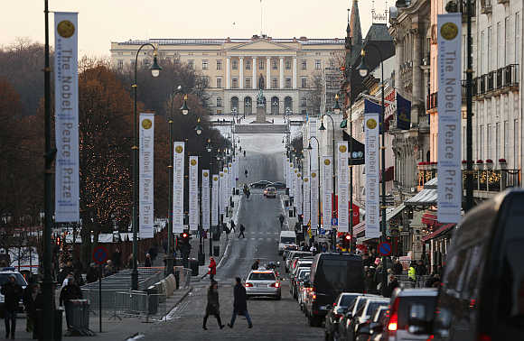 The Royal Palace is seen at the end of Karl Johans Gate in Oslo.