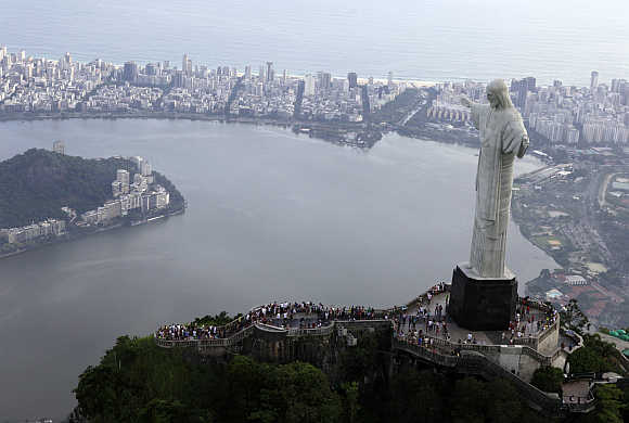 A view of the famous Christ the Redeemer atop of Corcovado mountain in Rio de Janeiro.