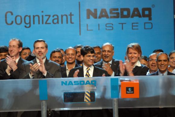 Cognizant vice chairman Lakshmi Narayanan and CEO Francisco D'Souza ring the Nasdaq Opening Bell from Cognizant Techno-complex in Chennai, India