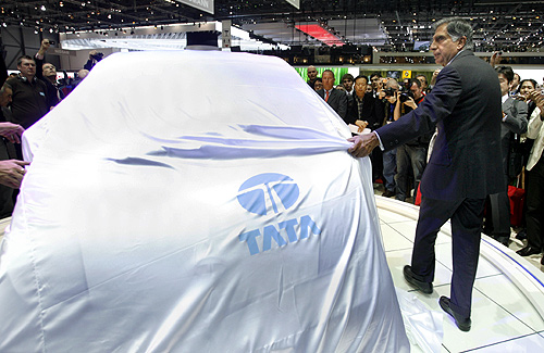 Ratan Tata unveils the Nano in Geneva, Switzerland.